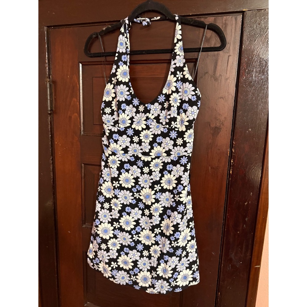 Hollister Floral Halter Romper Blue White Daisy Smocked Back Size M